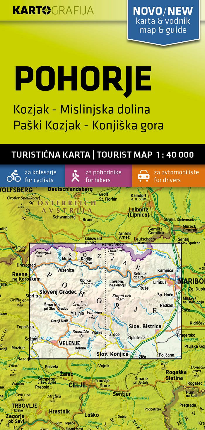 Pohorje – Kozjak, Mislinjska dolina, Paški Kozjak, Konjška gora 1:40.000, turistična karta z vodnikom